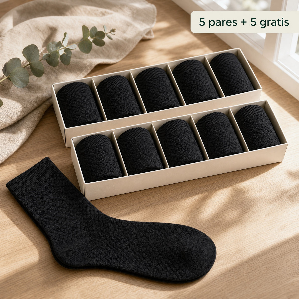 Pack de 10 calcetines de media caña de bambú Vittorio negros en dos cajitas de 5