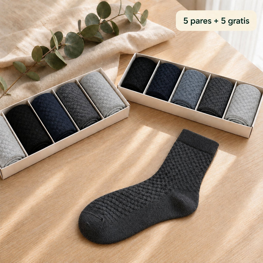 Pack de 10 calcetines de media caña de bambú Vittorio surtidos: negro, azul marino, gris azulado, gris oscuro y gris perla en cada cajita