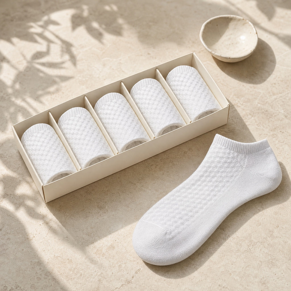 Pack de 5 calcetines tobilleros de bambú Vittorio blancos en su cajita